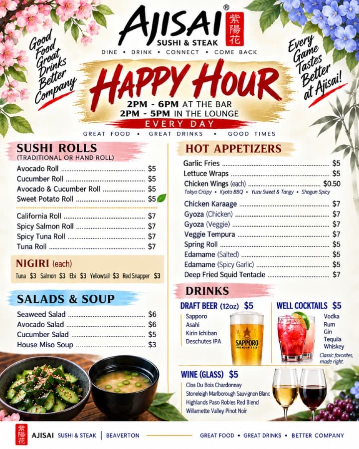 Ajisai Happy Hour menu flyer